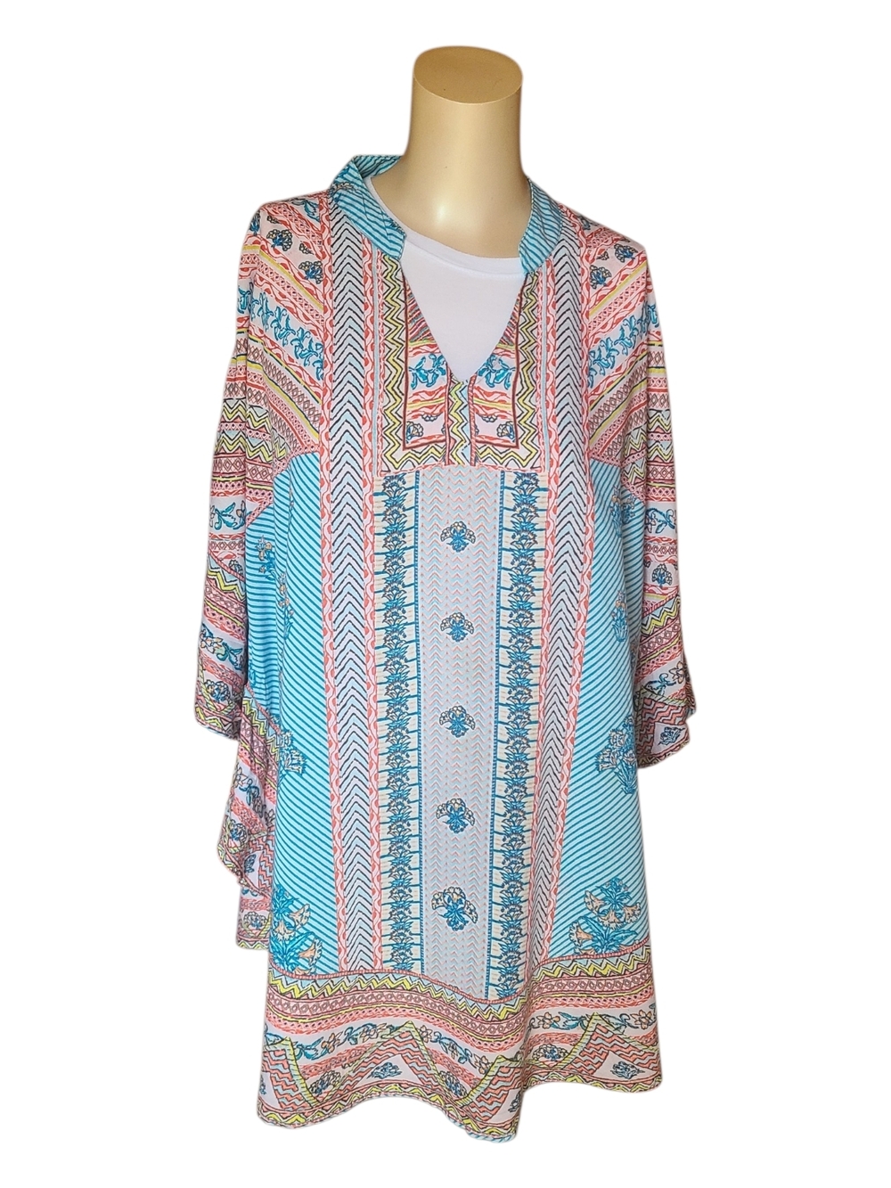 Tolani Collection modal printed tunic dress in a vibrant blue and orange mix